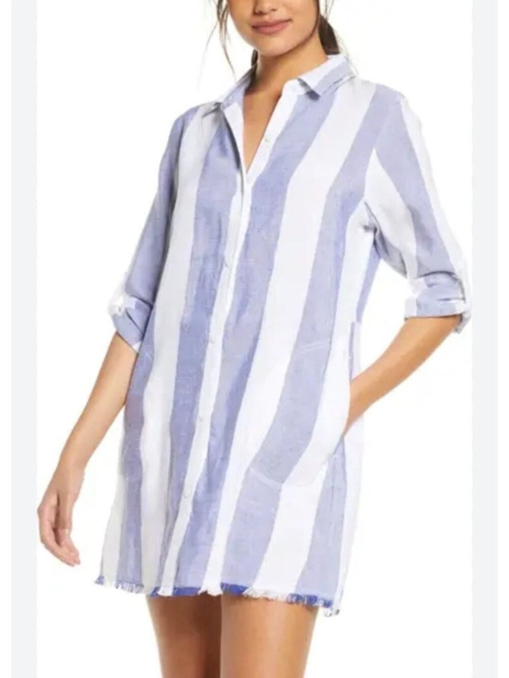 Tommy Bahama Blue Striped Shirt Coverup Top raw hem linen XL NWT